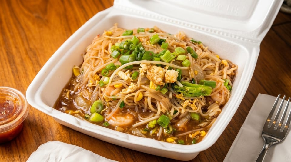 Styrofoam takeout container filled with shrimp lo mein, garnished with green onions and broccoli.