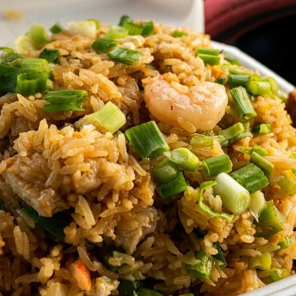 Close-up of shrimp fried rice with green onions in a white takeout container.