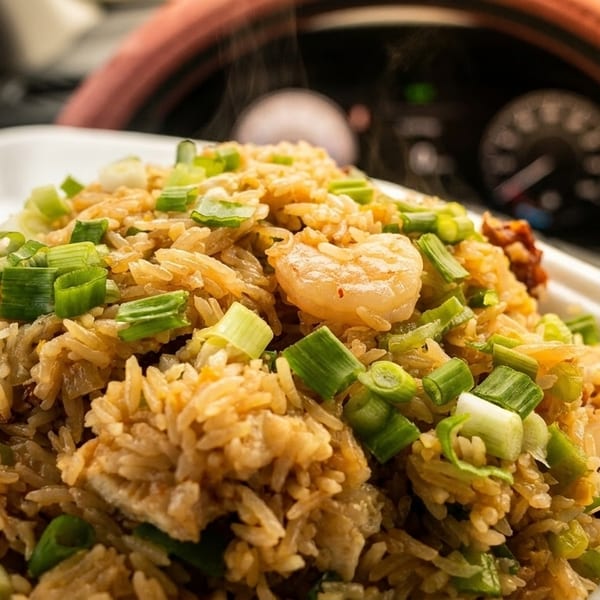 Steaming shrimp fried rice with green onions in a takeout container inside a car.